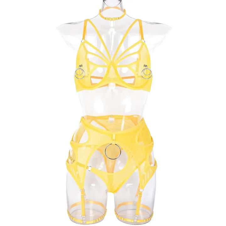 Yellow butterfly cut-out bra, choker, belt and thong on a form