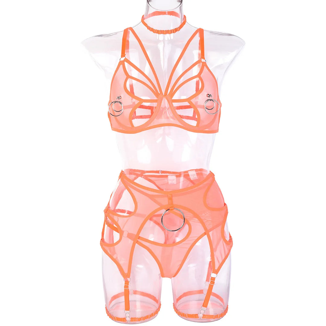 Orange butterfly cut-out bra, choker, belt and thong on a form
