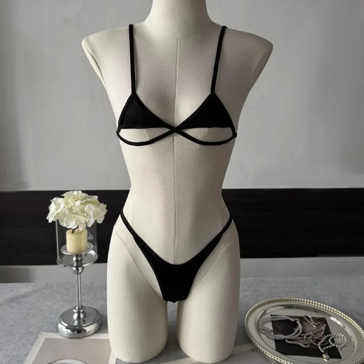 Demeter black micro set on a mannequin, front