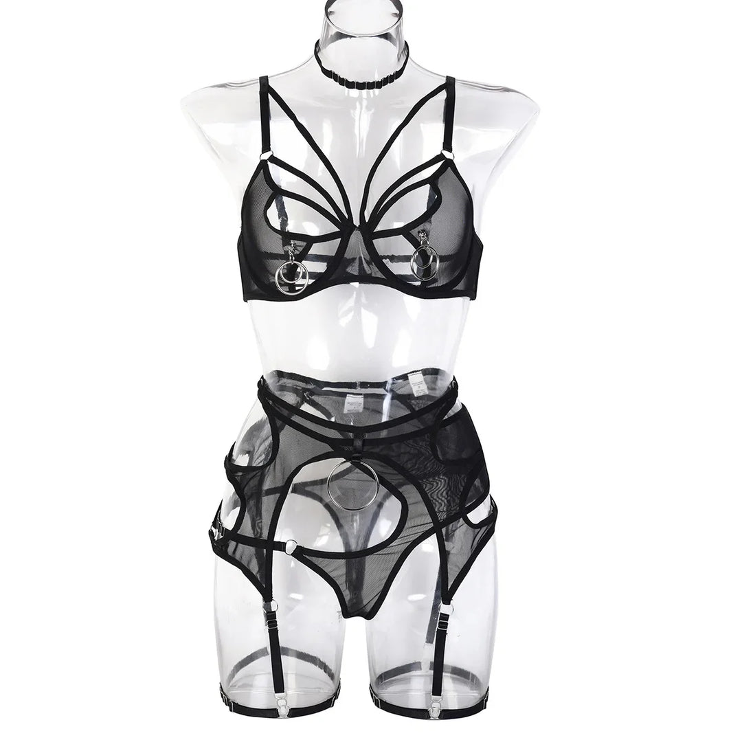 Black butterfly cut-out bra, choker, belt and thong on a form