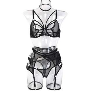 Black butterfly cut-out bra, choker, belt and thong on a form