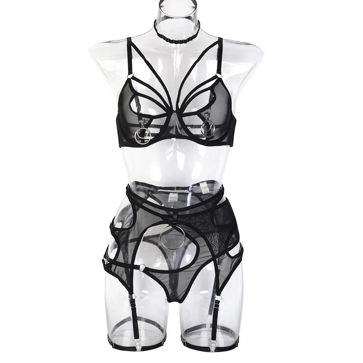 Black butterfly cut-out bra, choker, belt and thong on a form