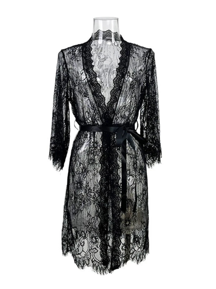 Aurora sheer eyelash lace robe with a satin ribbon tie at the waist