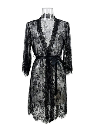 Aurora sheer eyelash lace robe with a satin ribbon tie at the waist