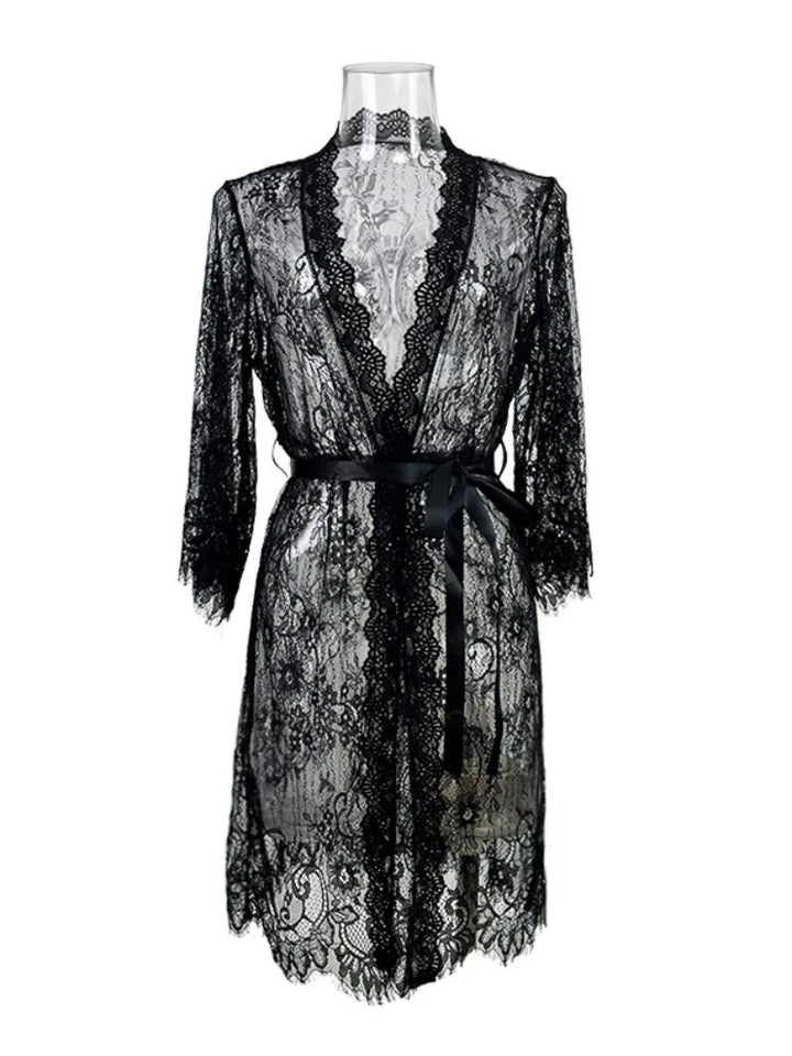 Aurora sheer eyelash lace robe with a satin ribbon tie at the waist