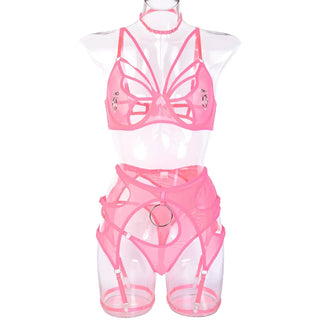 Pink butterfly cut-out bra, choker, belt and thong on a form