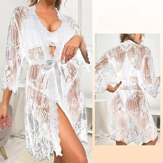 Aurora sheer eyelash lace robe with a satin ribbon tie at the waist