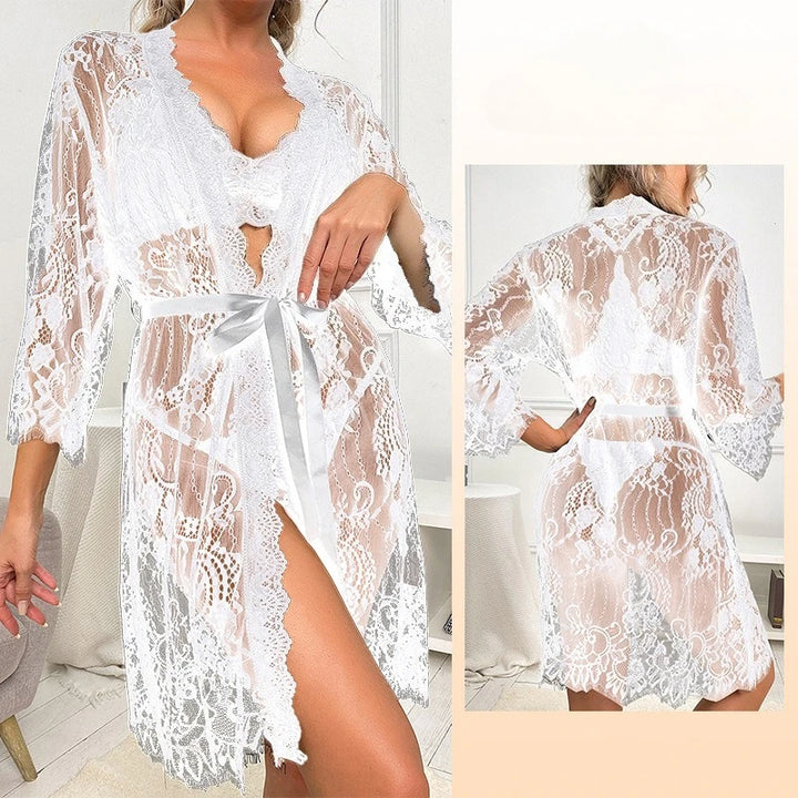 Aurora sheer eyelash lace robe with a satin ribbon tie at the waist