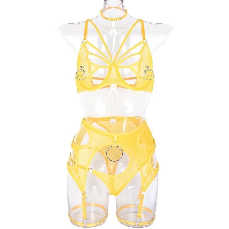 Yellow butterfly cut-out bra set on a form