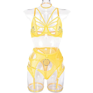 Yellow butterfly cut-out bra set on a form