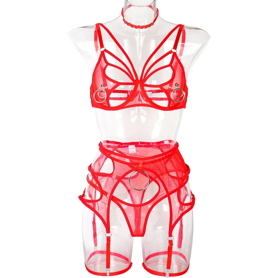 Red butterfly cut-out bra, choker, belt and thong on a form