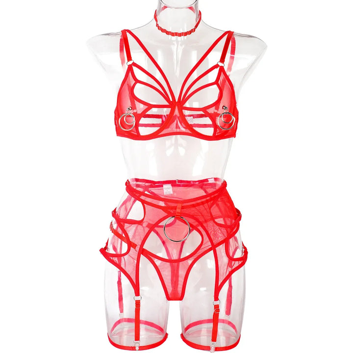 Red butterfly cut-out bra, choker, belt and thong on a form