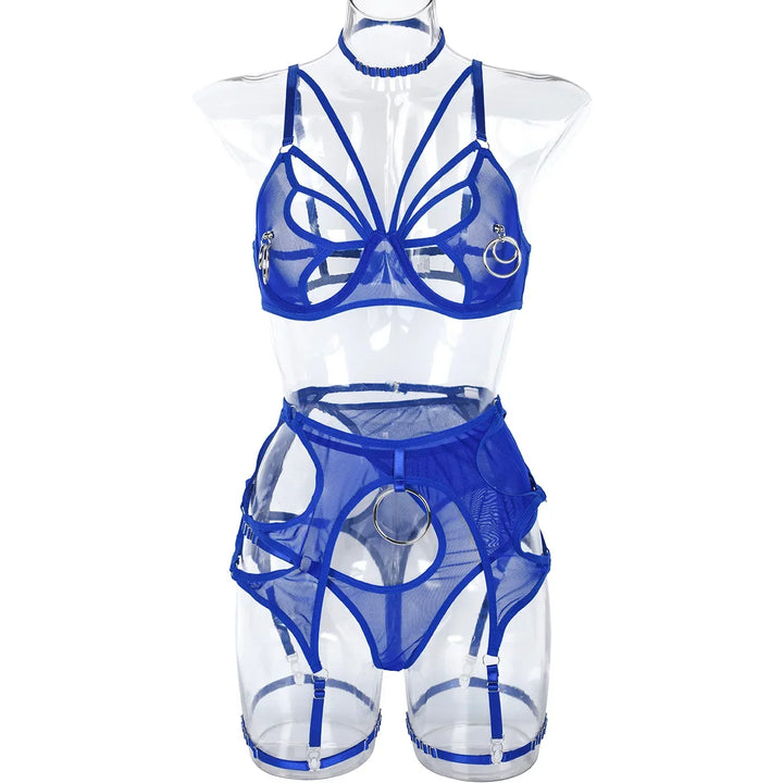 Blue butterfly cut-out bra, choker, belt and thong on a form