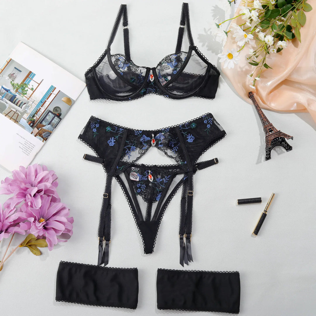 EMMANUELLE | EMBROIDERED MESH LINGERIE SET