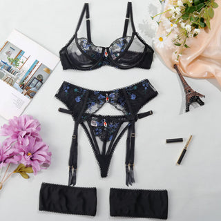 EMMANUELLE | EMBROIDERED MESH LINGERIE SET