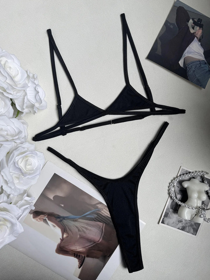 Demeter black triangle bra and G-string flat view