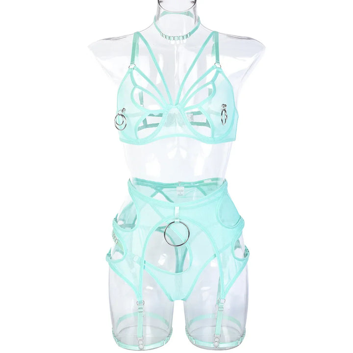 Light green butterfly cut-out bra, choker, belt and thong on a form
