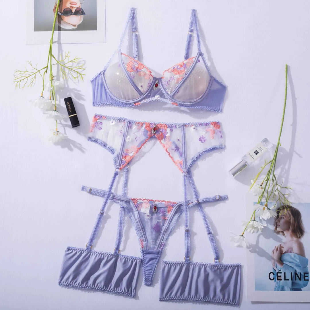 EMMANUELLE | EMBROIDERED MESH LINGERIE SET