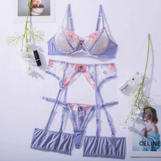 EMMANUELLE | EMBROIDERED MESH LINGERIE SET