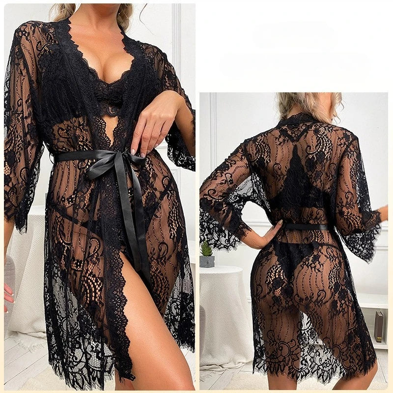 Aurora sheer eyelash lace robe with a satin ribbon tie at the waist