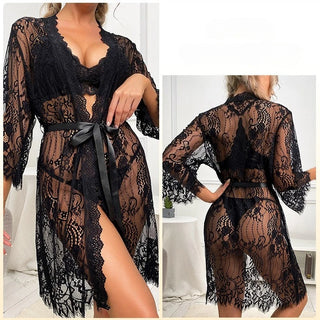 Aurora sheer eyelash lace robe with a satin ribbon tie at the waist