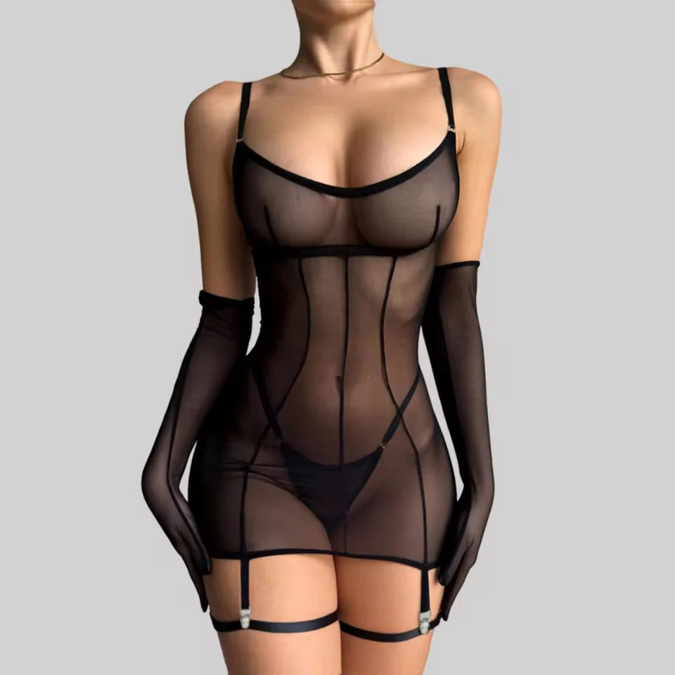 Diana sheer mesh chemise in black with gloves and thigh straps