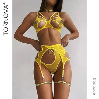 Yellow butterfly cut-out bra and high-waist belt, front view