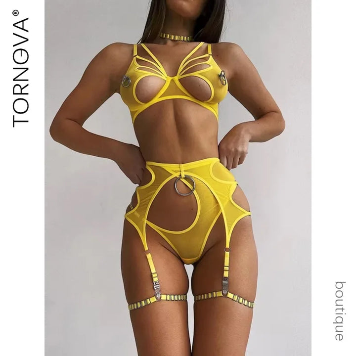 Yellow butterfly cut-out bra and high-waist belt, front view