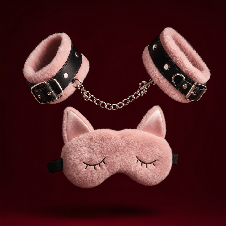 Anouk plush wrist cuffs and cat-ear mask on a deep burgundy studio background