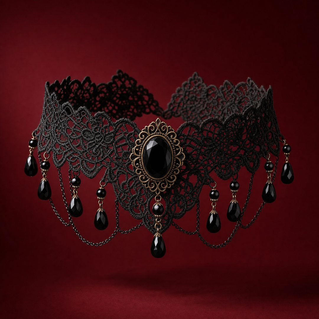 Beatrix black lace choker necklace with a faceted centre stone and bead drops on a burgundy background