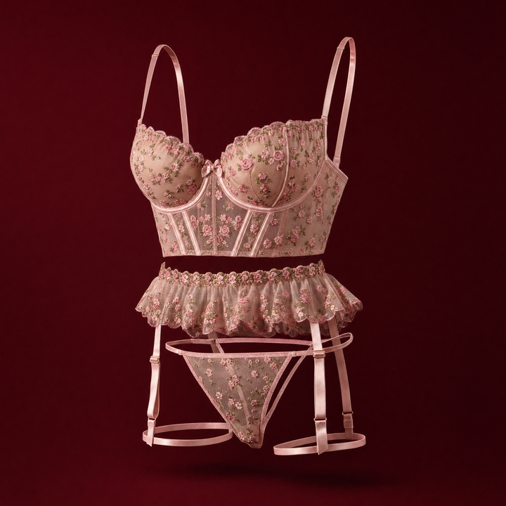 Brielle floral embroidered bra, ruffled garter skirt, waist band and thong