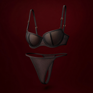Ines sheer mesh bra and thong on a burgundy studio background