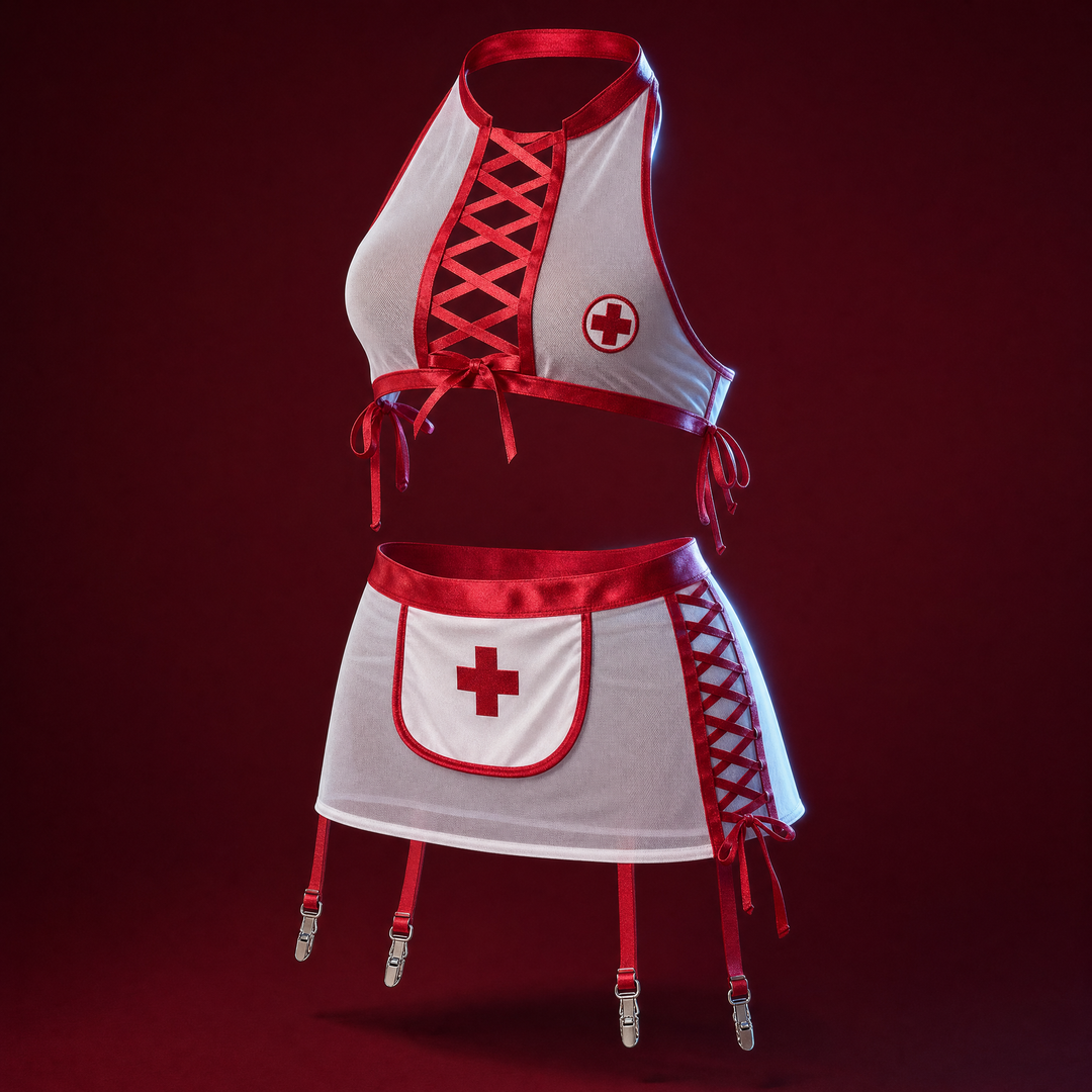 Nerys white mesh nurse costume set on a burgundy studio background