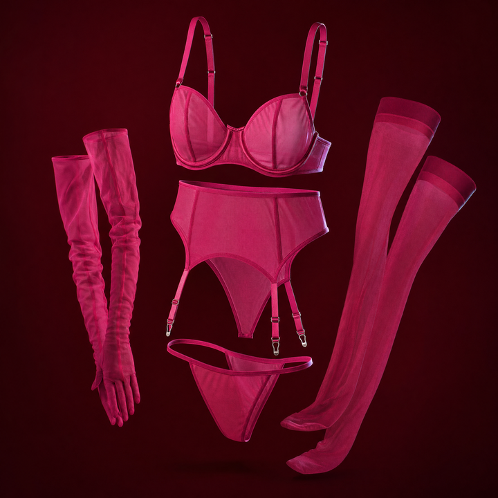 Yael five-piece hot pink mesh garter belt set on a burgundy studio background