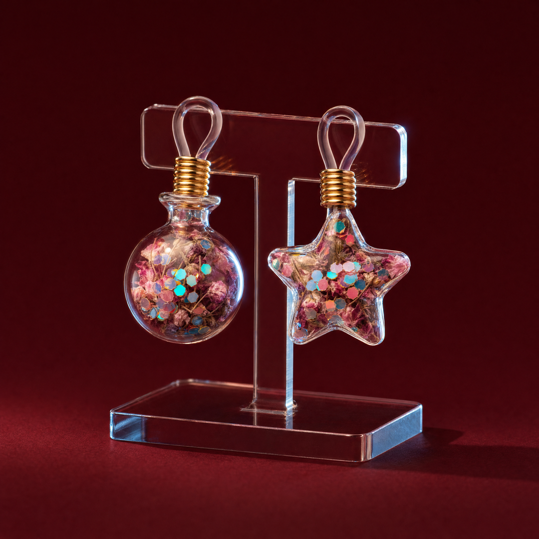 Celeste non-piercing nipple charms with glass pendants on a burgundy studio background