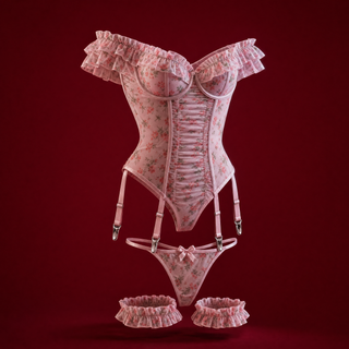 Dalia pink floral mesh teddy with thong and ruffled leg garters