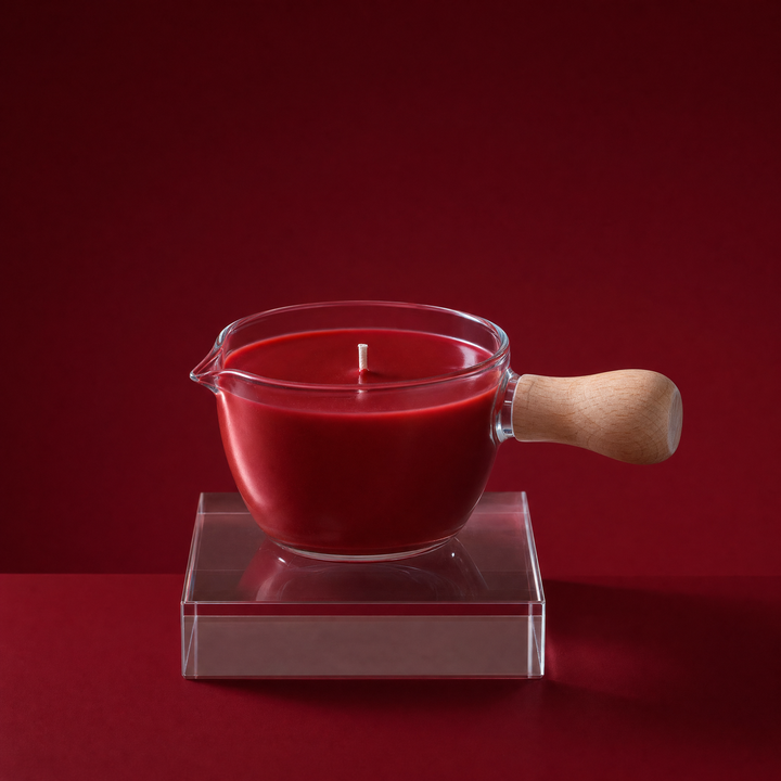 Fleur low temperature massage candle in a glass cup with a wooden handle on a burgundy background