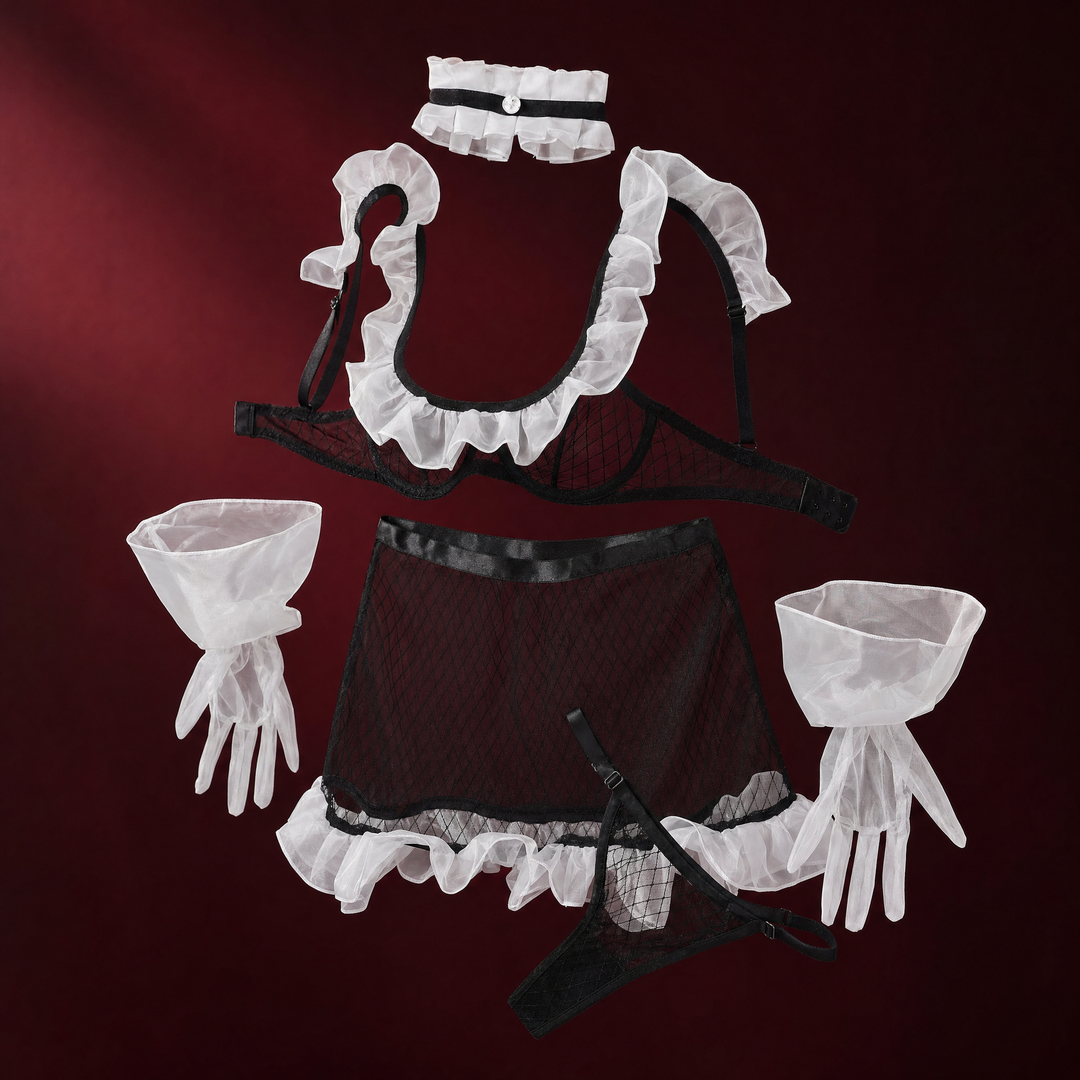 Five-piece ruffle set on a burgundy studio backdrop