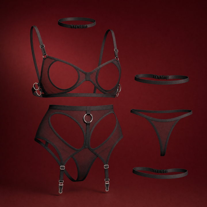 ATHENA BUTTERFLY BRA SET - five-piece sheer mesh set with silver hardware: ruched choker, butterfly bralette with open teardrop cups, high-waist brief-shaped suspender belt with petal cut-outs, two thigh bands and a mesh thong, on a deep burgundy studio background