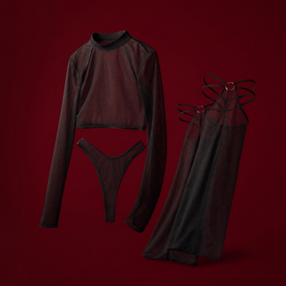 Sheer mesh three-piece set on a burgundy studio backdrop