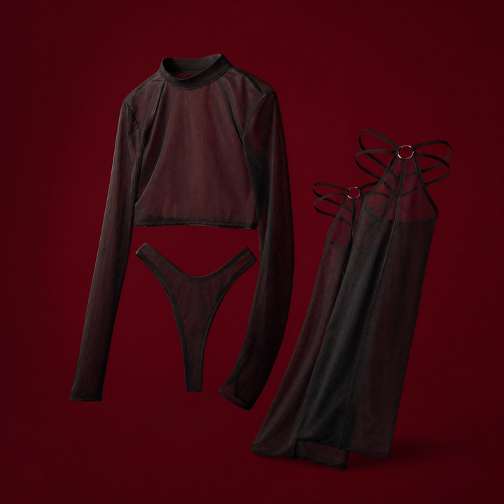 Sheer mesh three-piece set on a burgundy studio backdrop