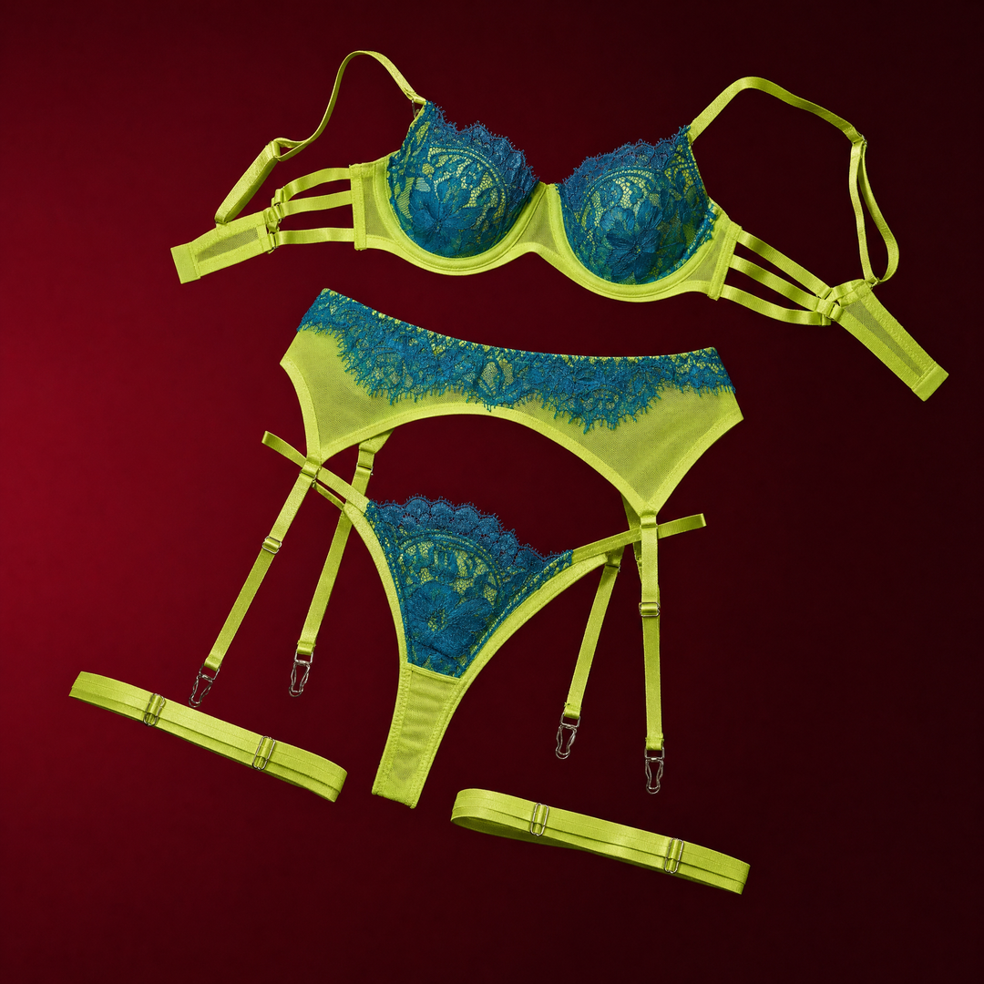 Neon lace set with garter belt on a burgundy studio backdrop