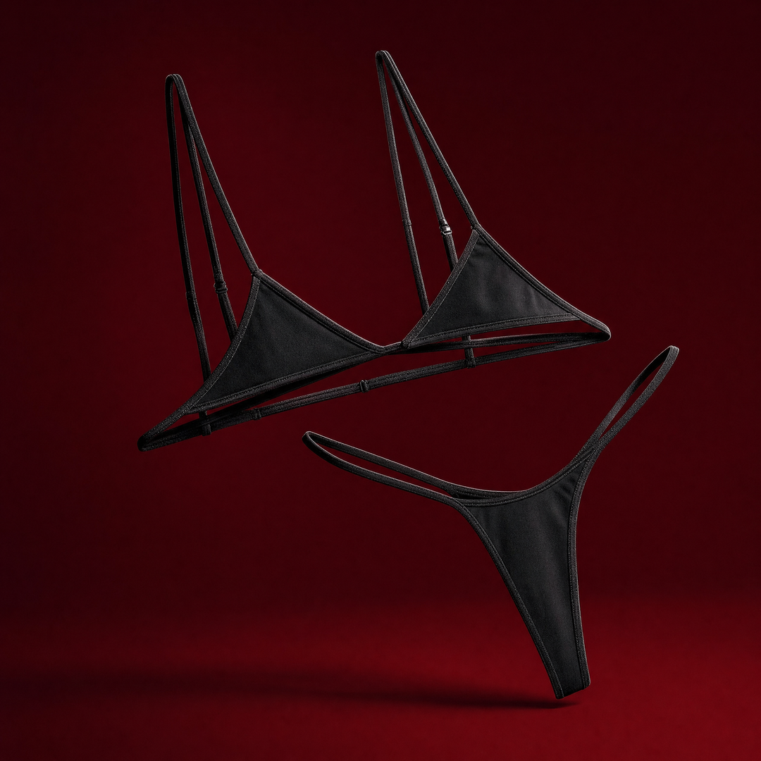 Micro triangle bra set on a burgundy studio backdrop