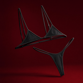 Micro triangle bra set on a burgundy studio backdrop
