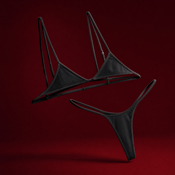 Micro triangle bra set on a burgundy studio backdrop