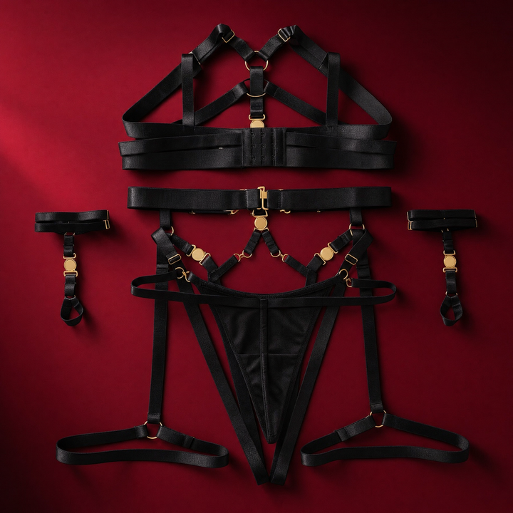 Freya harness set in black satin elastic with gold fittings on a burgundy backdrop