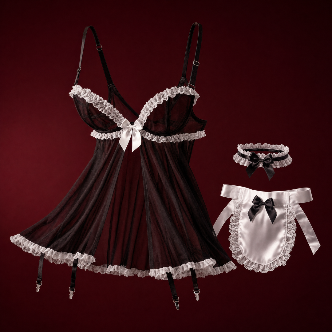 Sheer black maid babydoll with apron and choker on a burgundy studio backdrop