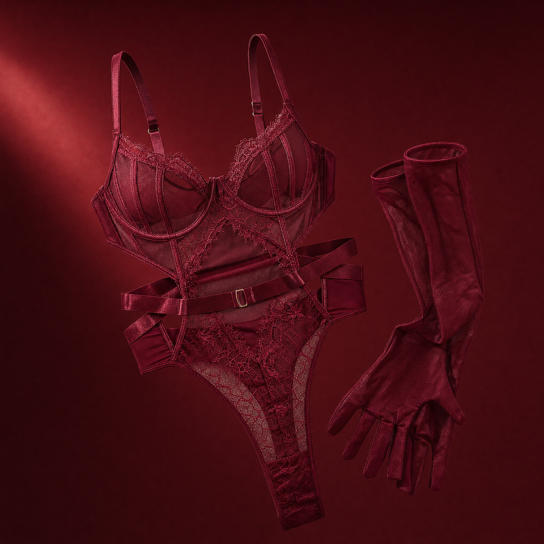 Bodysuit and gloves on a burgundy studio backdrop