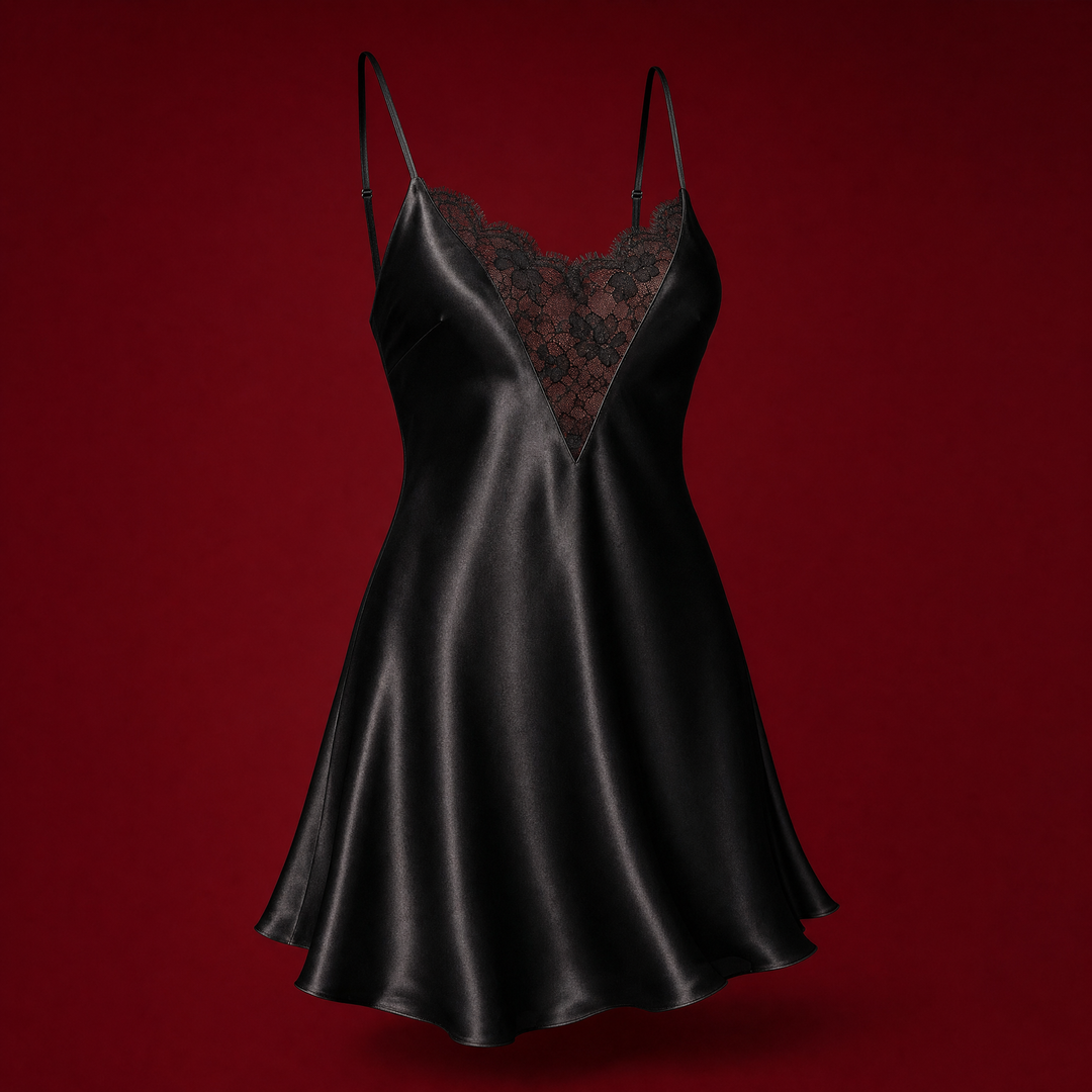 Lace-panel satin nightdress on a burgundy studio backdrop