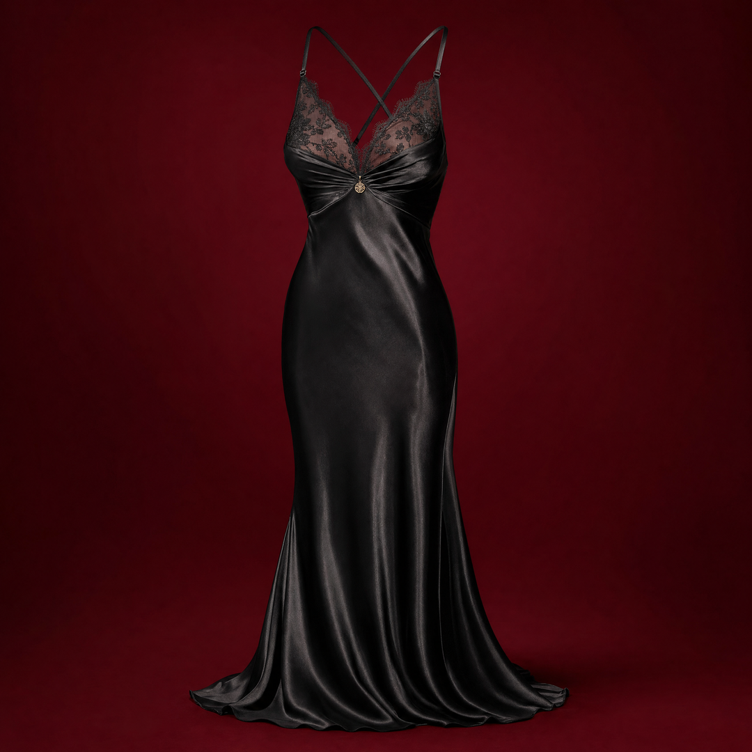 Floor-length satin nightdress on a burgundy studio backdrop
